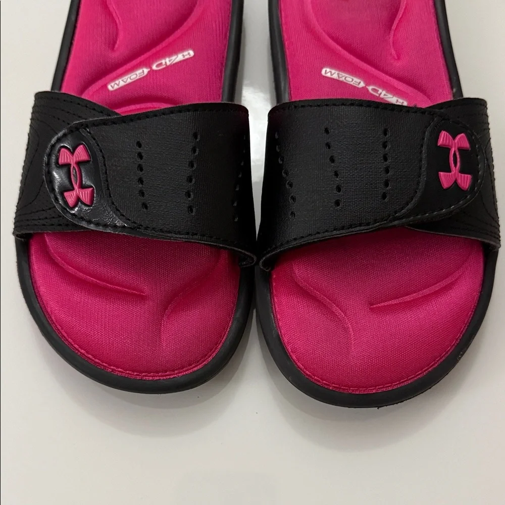 New Under Armour Slide Sandals Girls Youth 1Y Kids Black Hot Pink Foam Ignite